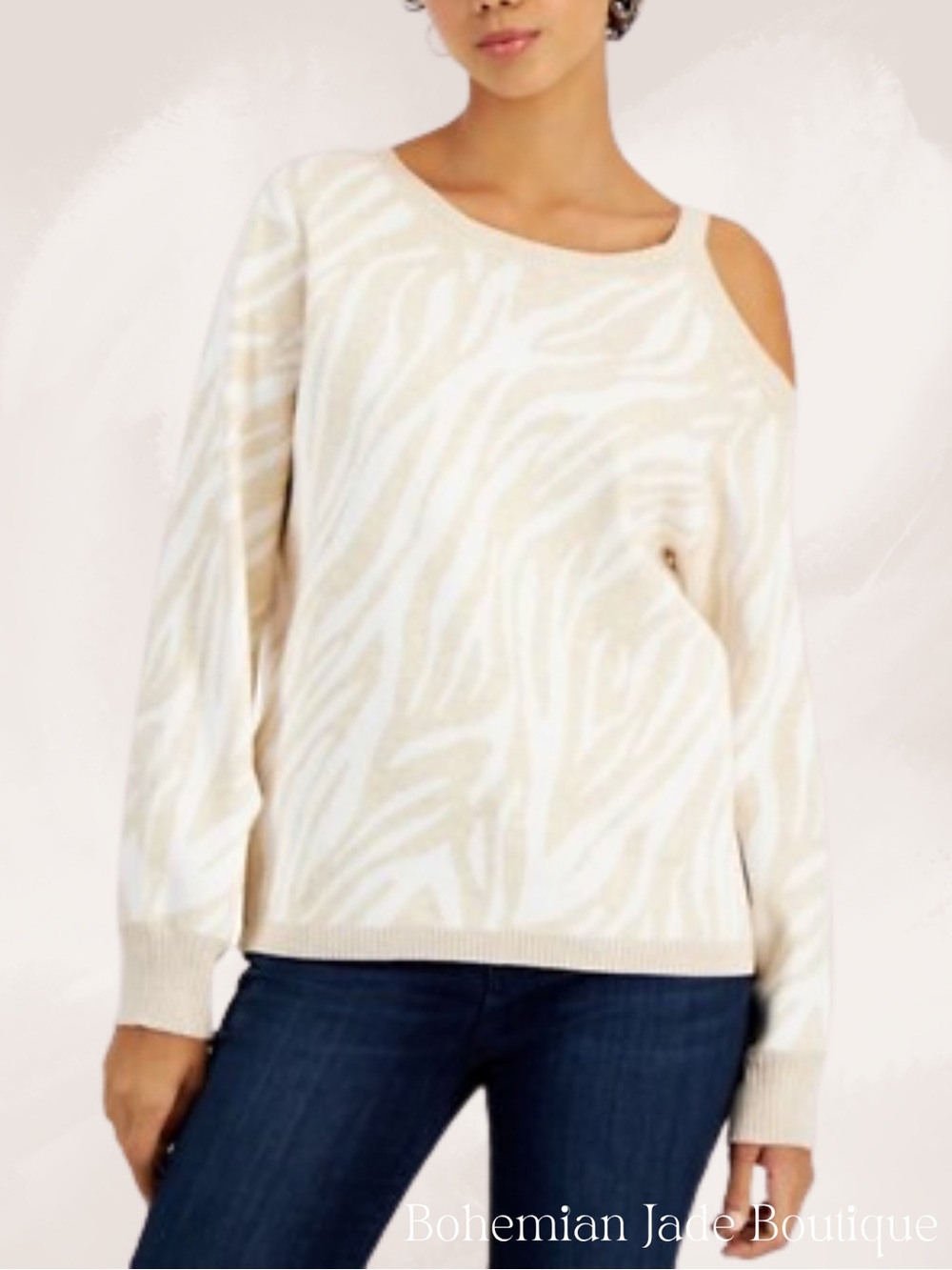 Willow Drive Zebra Print Cold Shoulder Sweater Women’s Large Beige Cream